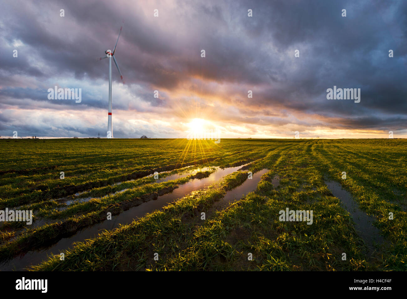 Deutschland, Bayern, Augsburg Grafschaft, Wertach, wind Turbine, Wind, Modern, Architektur, Licht Stimmung, Wiese, Strahlen, Landschaft, Sonne, Energie, Alternative, grün, Strom Stockfoto