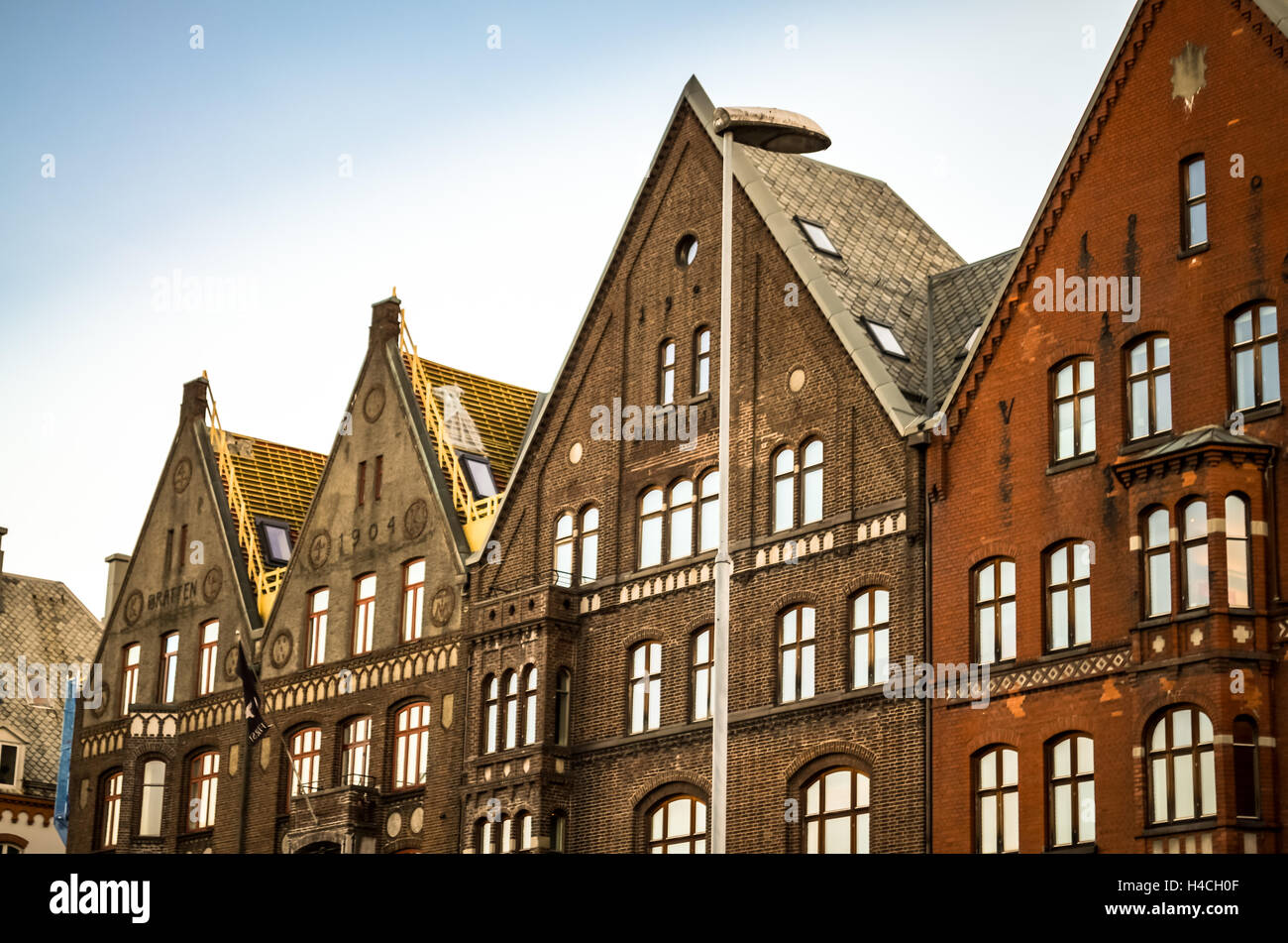 Häuser und Fassaden von Bryggen in Bergen, Norwegen Stockfoto