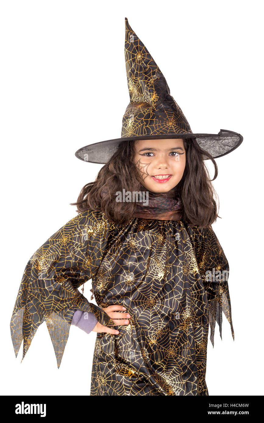 Mädchen mit Gesicht malen und Halloween-Hexe Kostüm isoliert in weiss