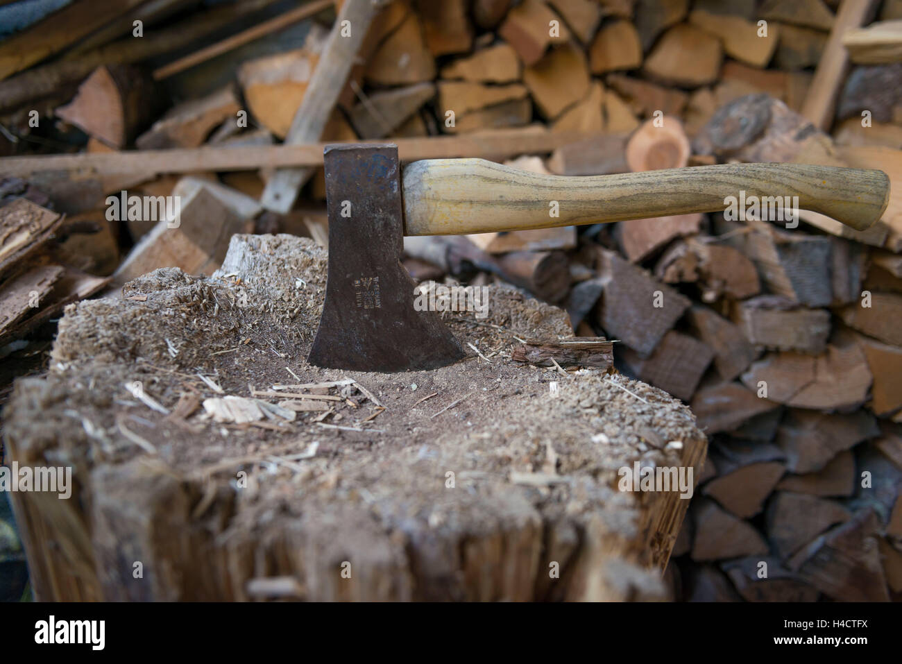 Schweiz, Hackstock mit Beil Stockfoto