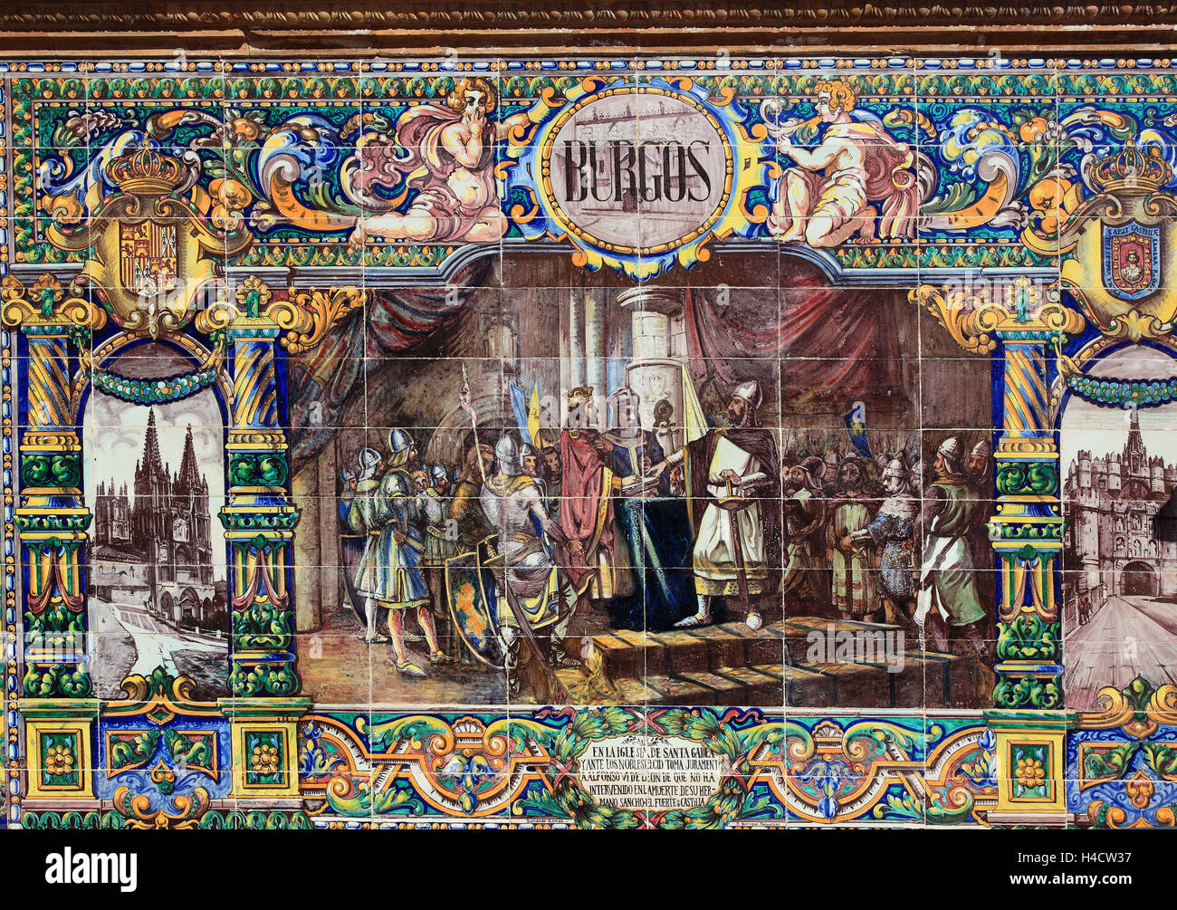Spanien, Andalusien, Stadt Sevilla, in der Plaza de Espana, Ornamente aus Fliesen, beschreibt die ornamentale Kunst welche gegenwärtigen 48 Provinzen Spaniens, hier Burgos, Karten der Provinzen, Mosaike historische Ereignisse Stockfoto