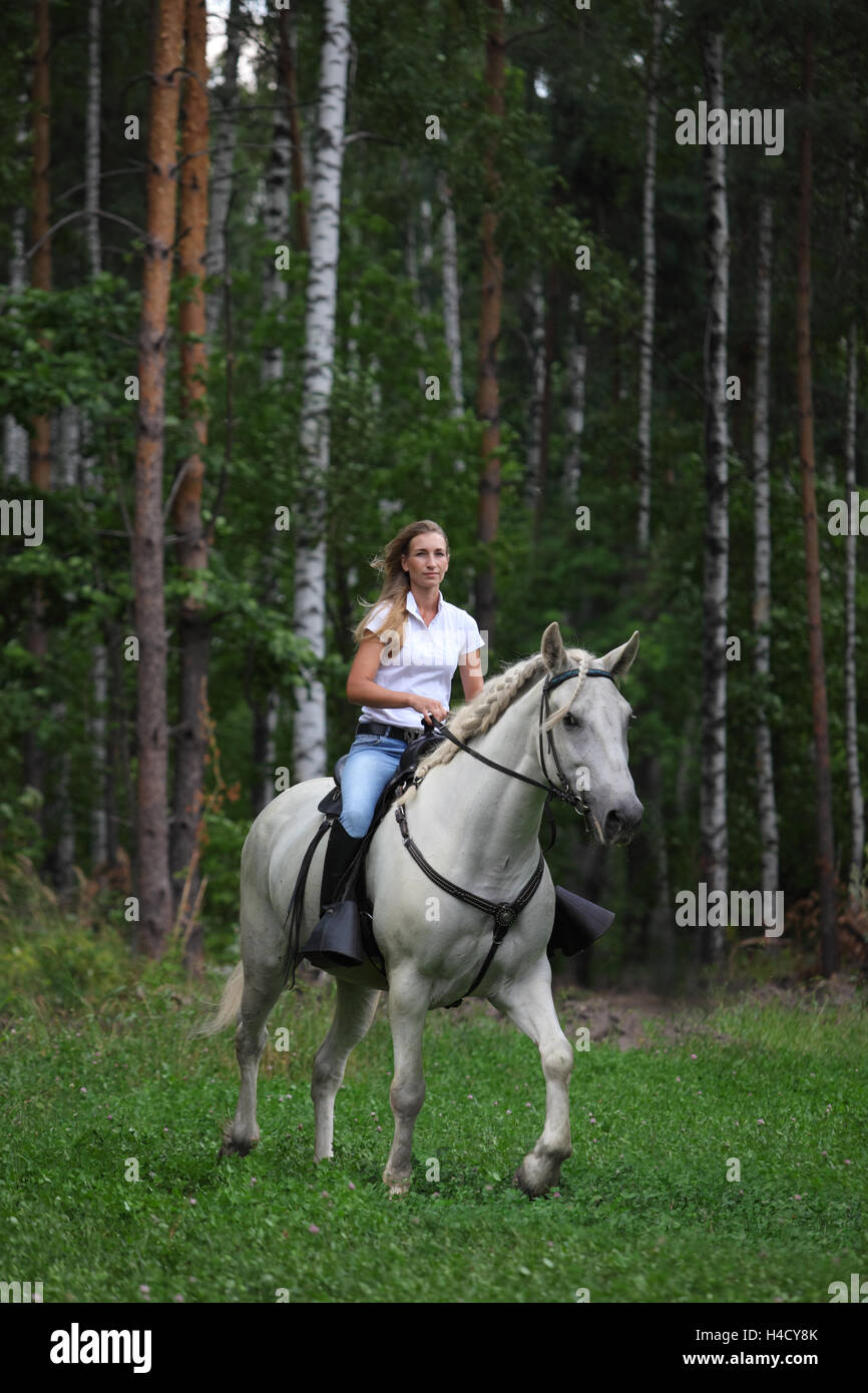 Cowgirl auf dem Pferderücken in Wald Stockfoto