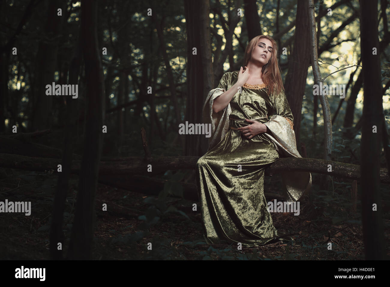 Schöne elfische Frau posiert im Wald. Fantasy und Märchen Stockfoto