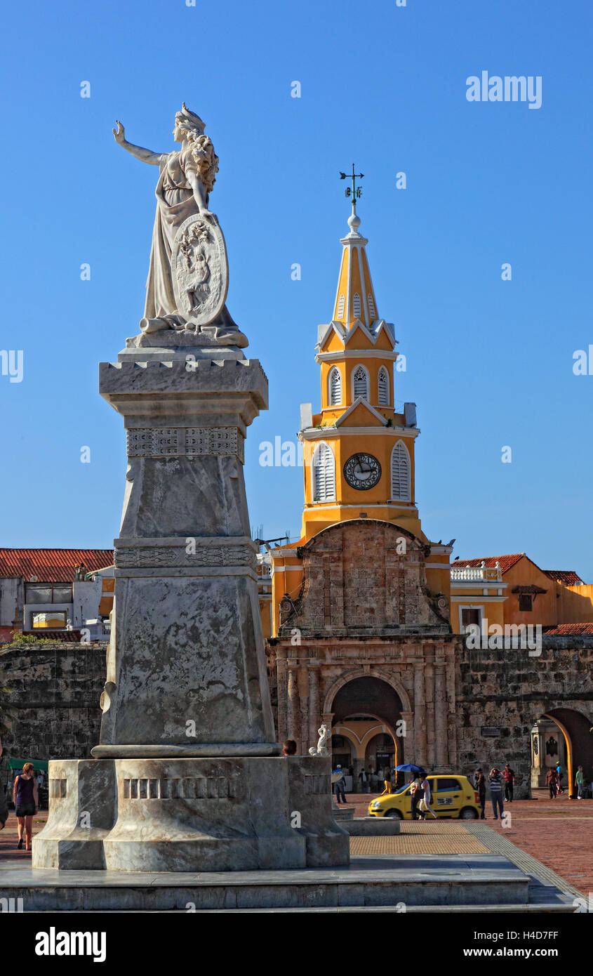 Republik Kolumbien, Departamento Bolivar, Stadt Cartagena de Indias, Statue, Noli me Tangere, Uhrturm, Puerta del Reloj Stockfoto