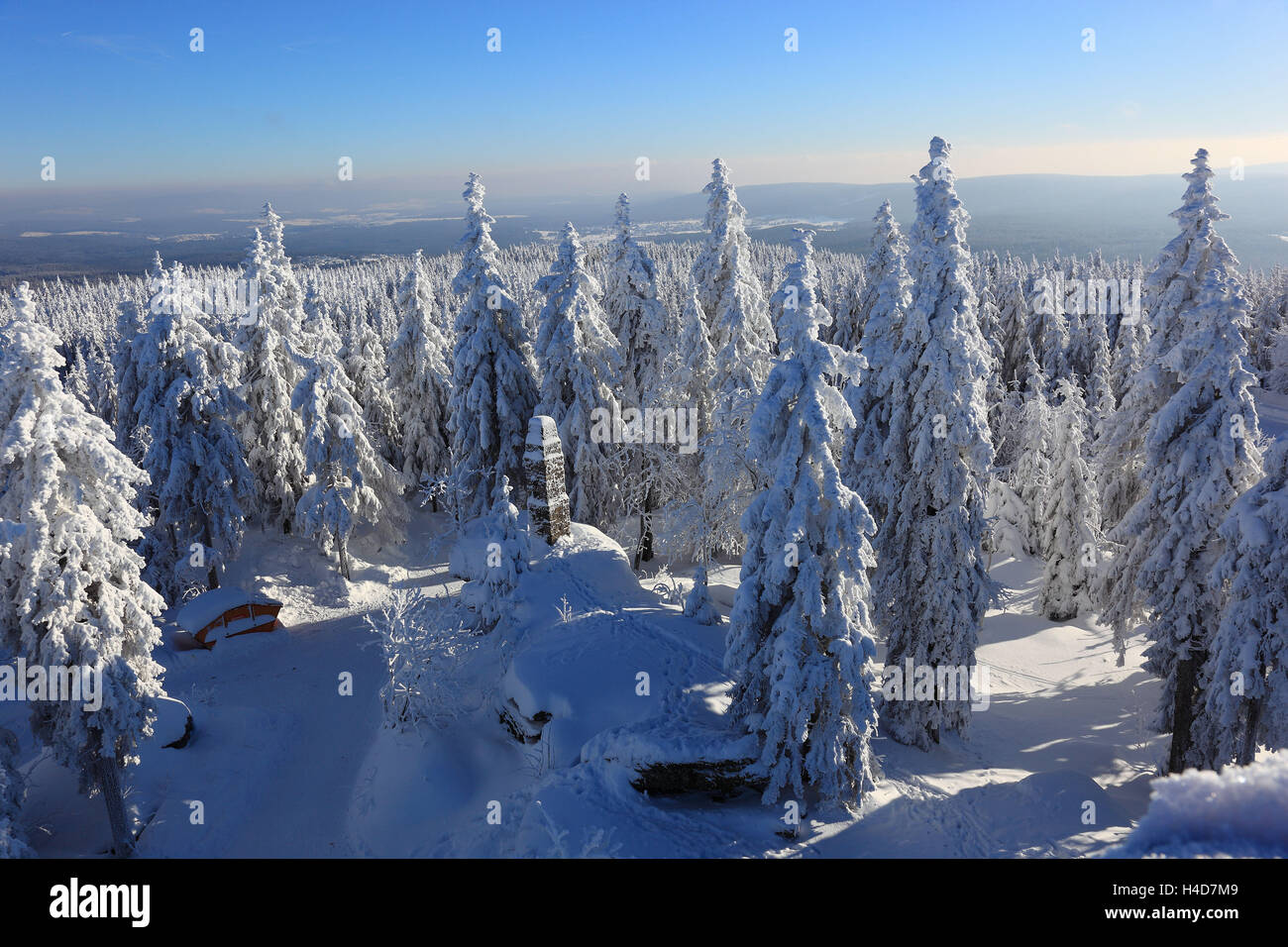 Winter Landschaft im Fichtelgebirge, Blick von den Ochsen Kopf, Landkreis Bayreuth, Oberfranken, Bayern, Deutschland Stockfoto