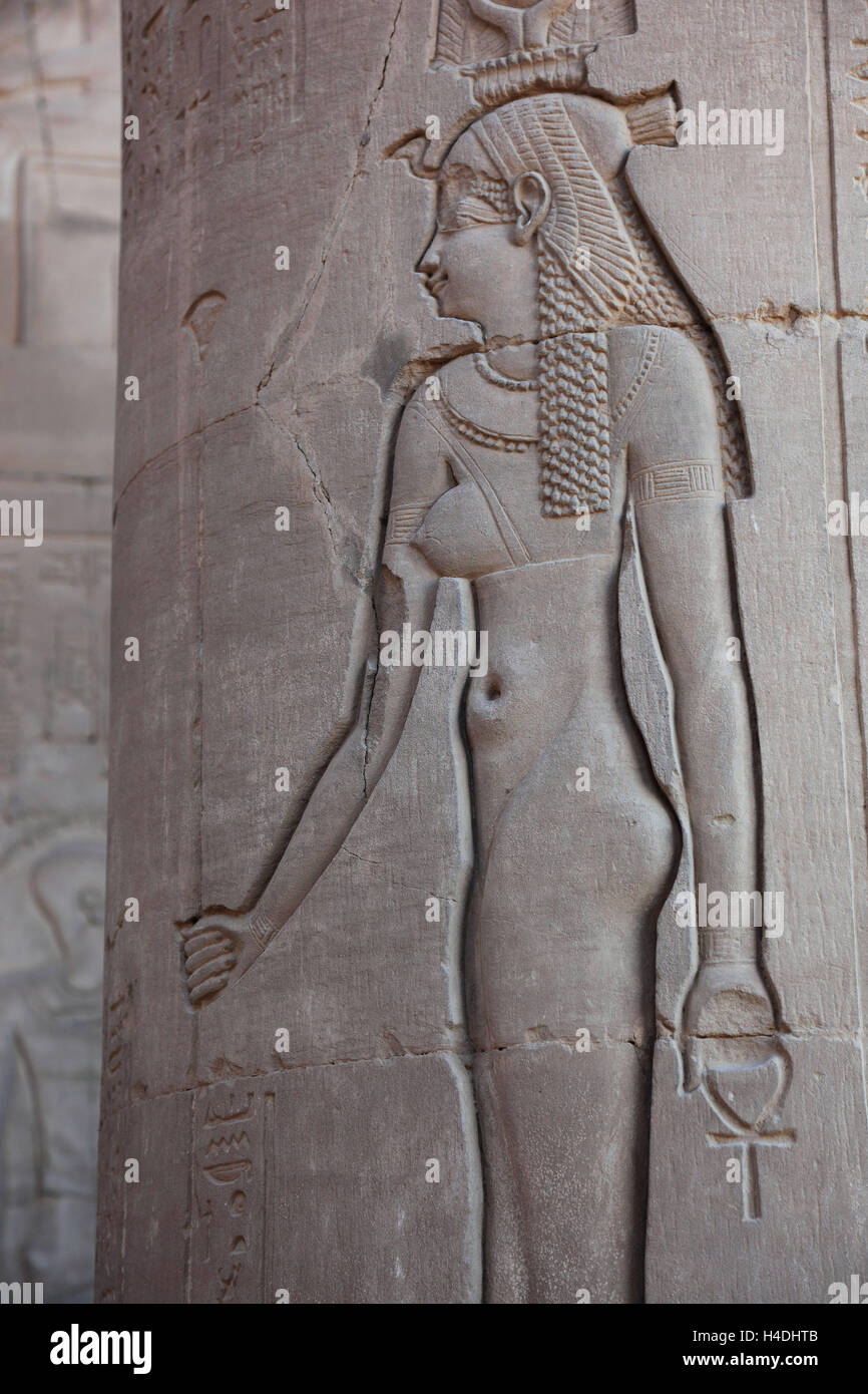 Darstellung der Göttin Hathour, Hathor in einer Säule in der Kom Ombo Tempel am Nil, Afrika, Oberägypten, Stockfoto