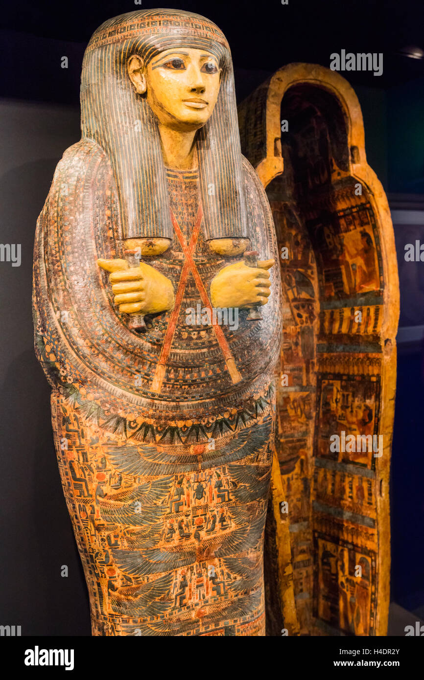Ägyptischer Sarkophag, Mougins Museum der klassischen Art (MACM), Mougins, Departement Alpes-Maritimes, Frankreich Stockfoto