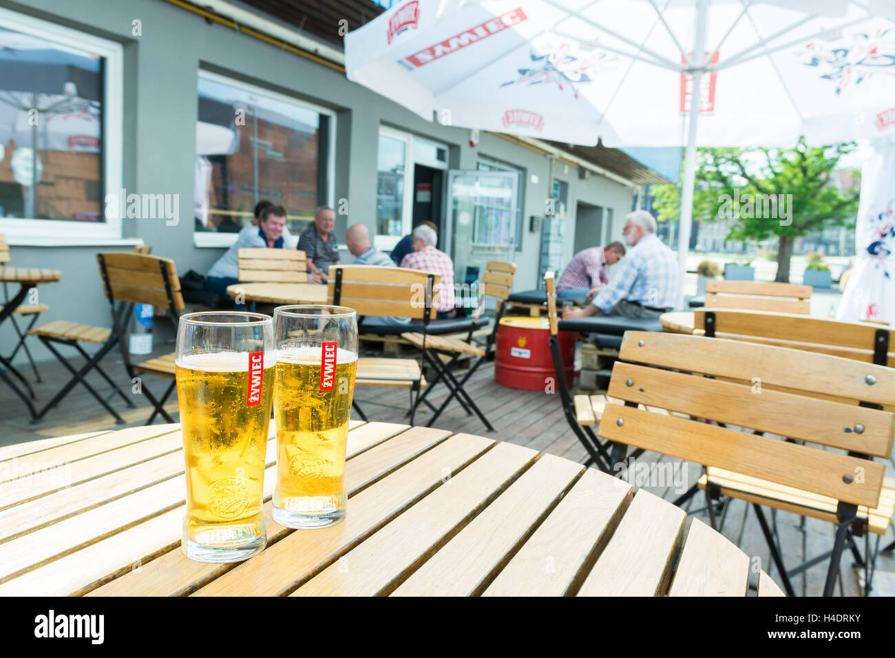 Polnische Zywiec Bier - auf einem Tisch im Pub Wydzial Remontowy außerhalb der historischen Danziger Werft Tor Nr. 2, Danzig, Polen, Europa Stockfoto