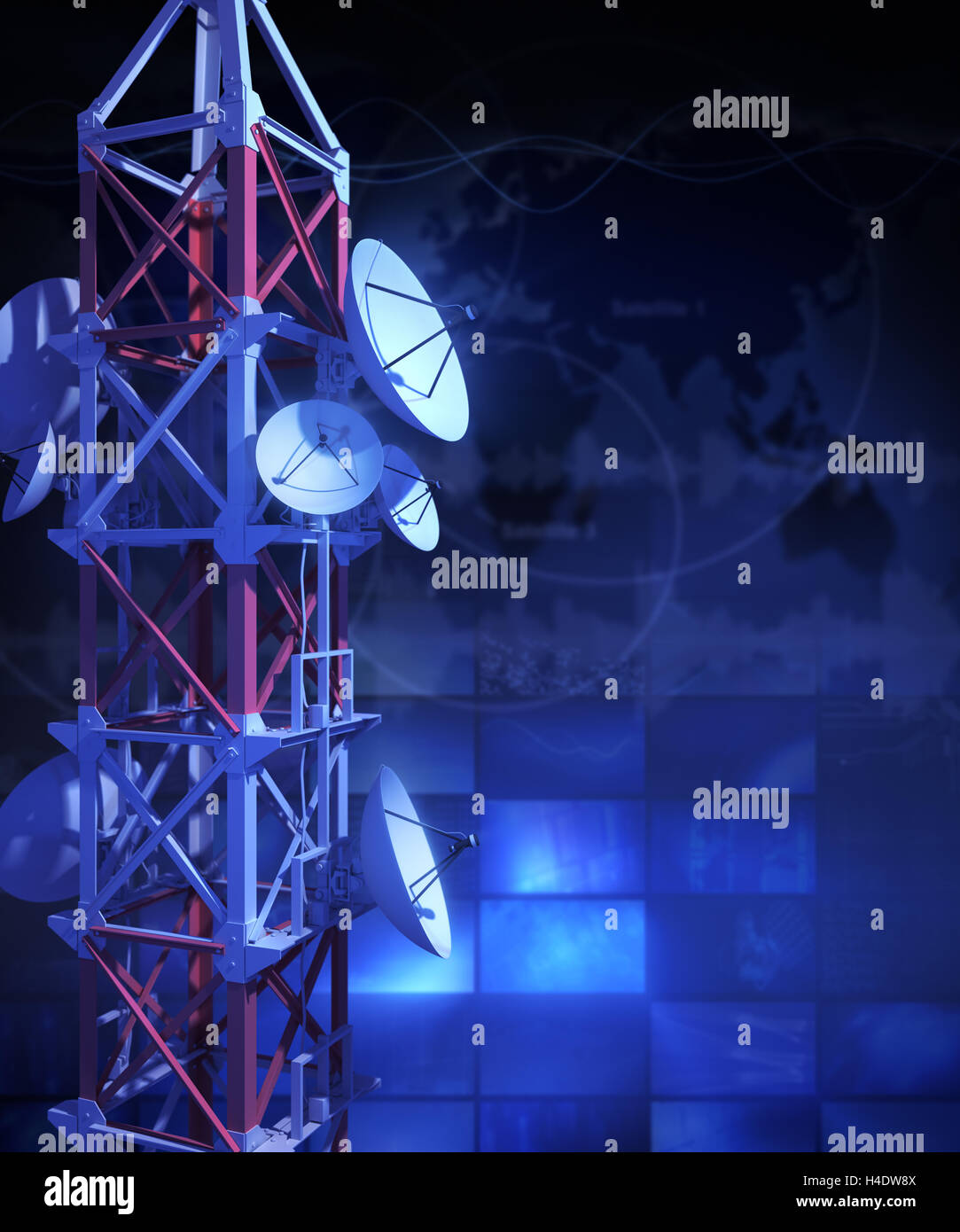 Satellitenschüssel und Telekommunikation Turm - 3D Rendering Stockfoto