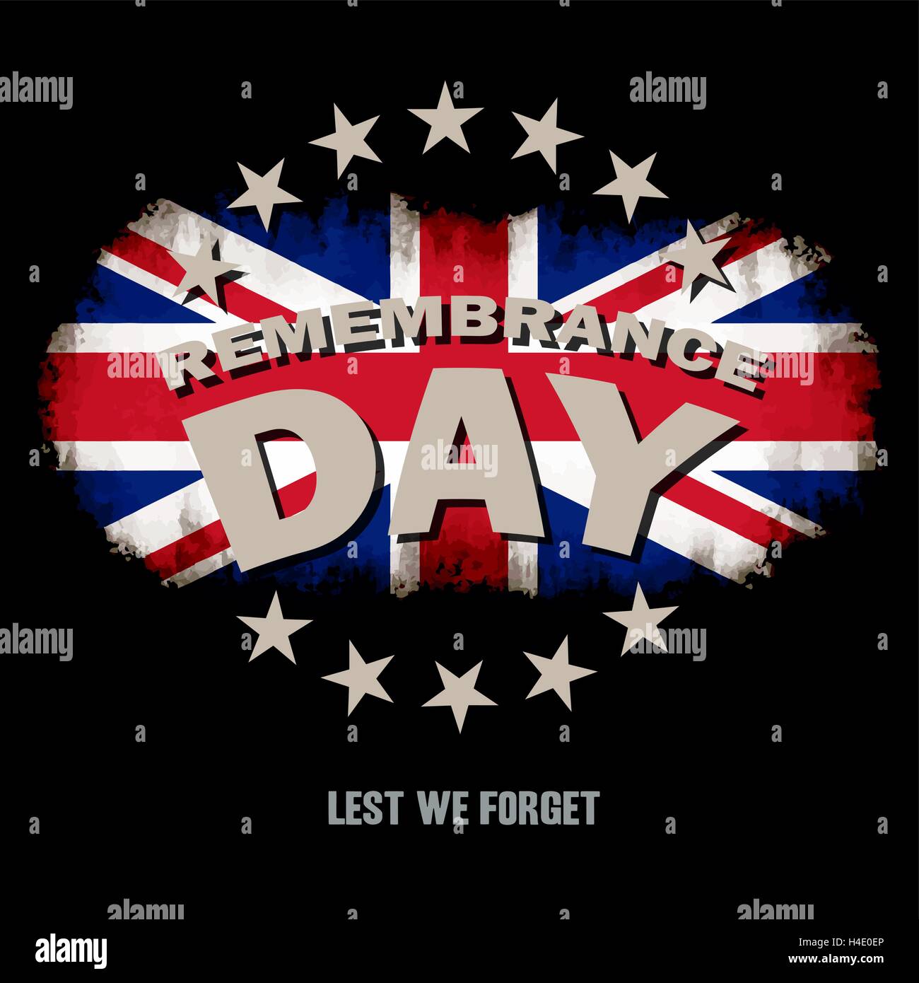 Grunge-Großbritannien-Flagge auf dunklem Hintergrund mit Gedenktag und nicht zu vergessen Text-Denkmal-Vektor-Illustration Stock Vektor