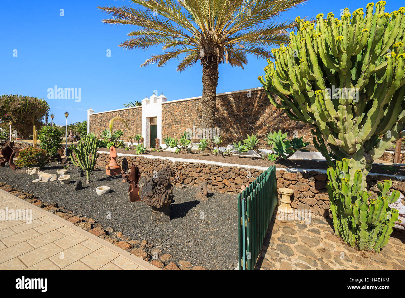 Gebäude im kanarischen Stil und tropischen Pflanzen in La Oliva Village Erbe Art Center, Fuerteventura, Kanarische Inseln, Spanien Stockfoto