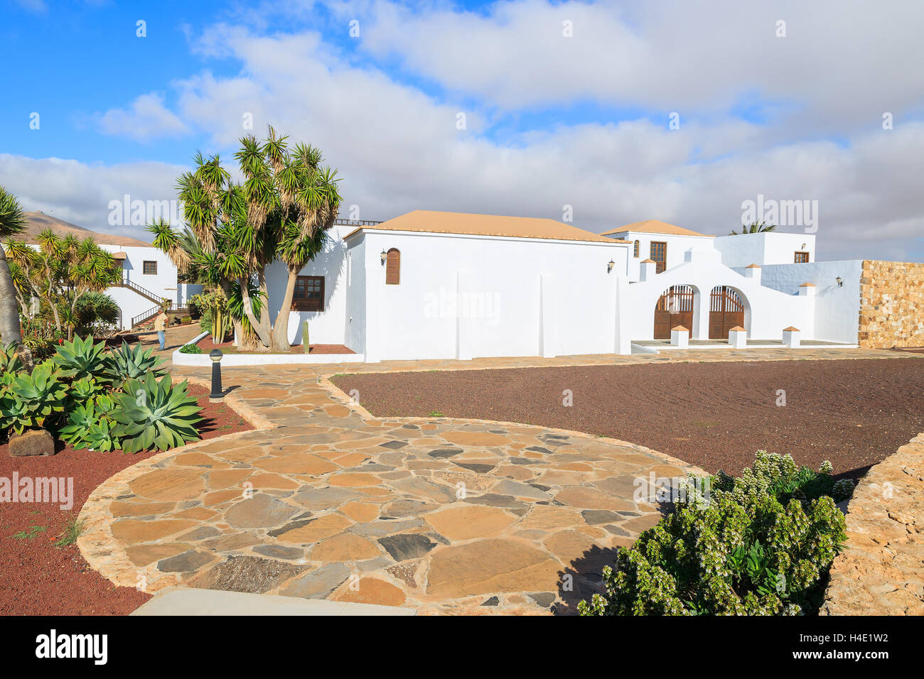 Traditionellen kanarischen Stil Häuser in Antigua Windmühle Museumsdorf, Fuerteventura, Kanarische Inseln, Spanien Stockfoto