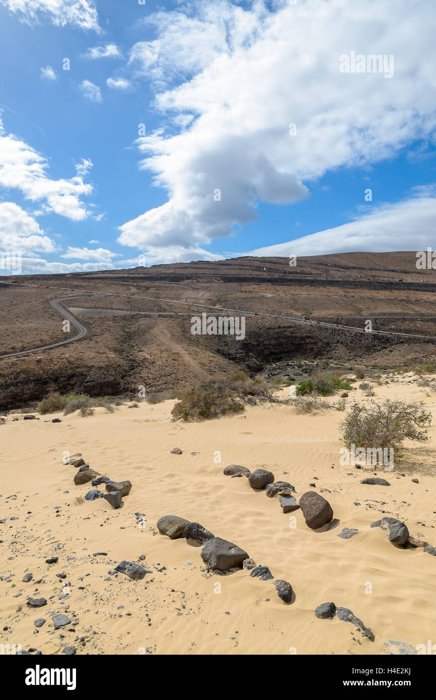 Wüstenlandschaft auf Jandia Halbinsel in der Nähe von Sotavento Beach, Fuerteventura, Kanarische Inseln, Spanien Stockfoto