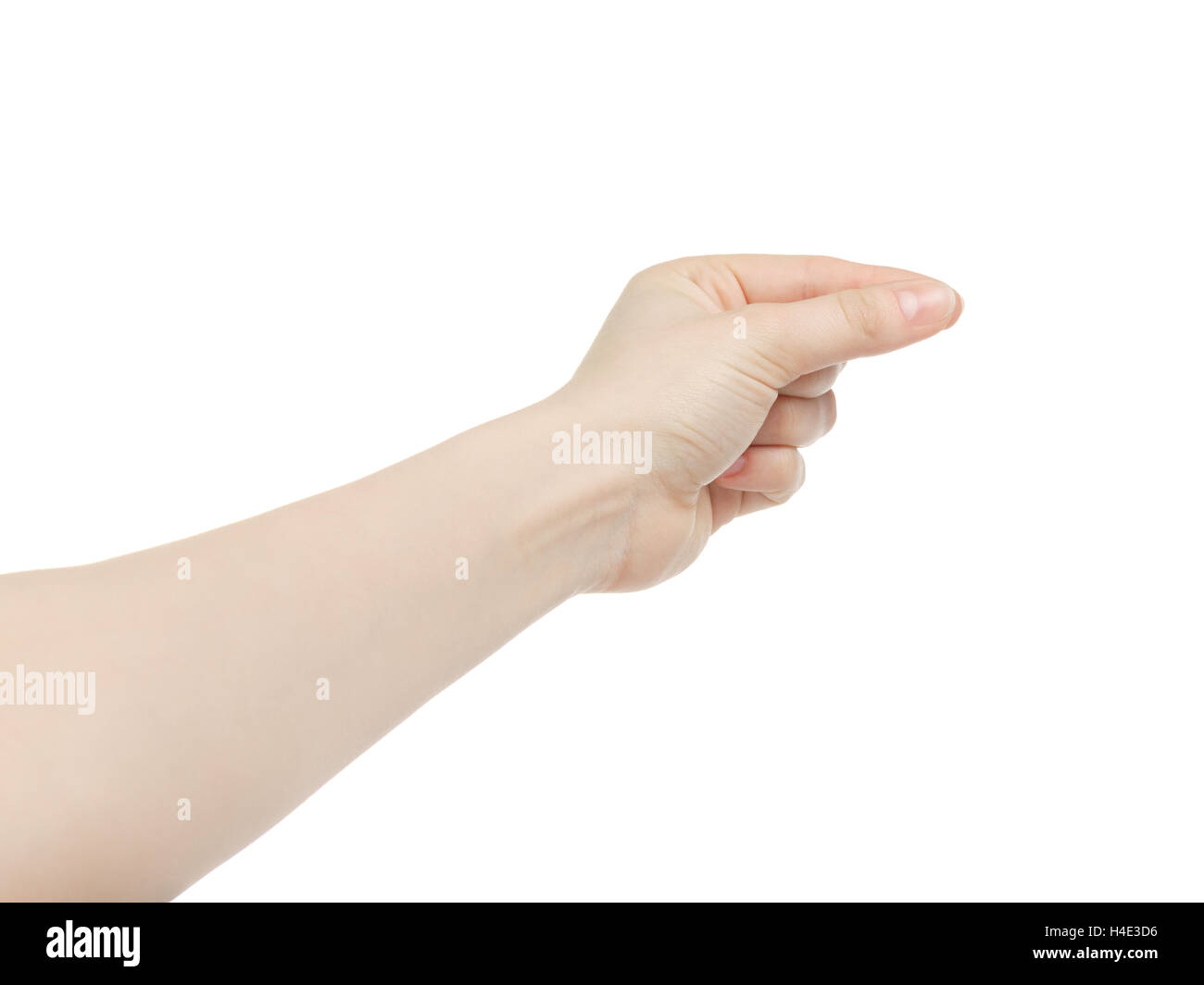 junge weibliche linke Hand etwas isoliert auf weiss zu halten Stockfoto