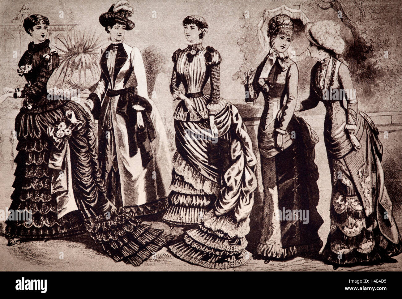 Damenmode in den 1880er Jahren, als das Treiben der Höhe der Popularität erreicht. Stockfoto