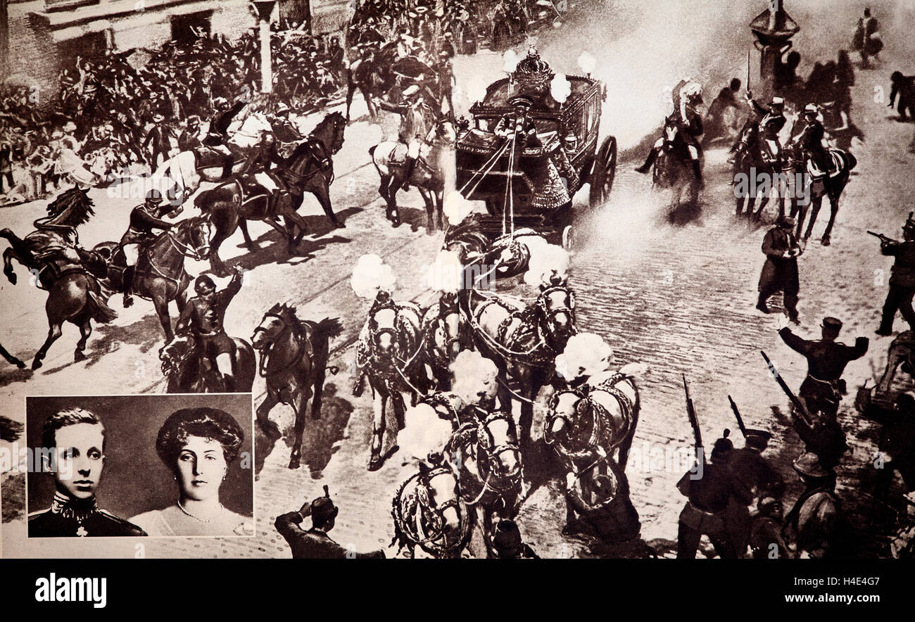 Ein Attentat auf König Alphonso XIII von Spanien und seine Frau Prinzessin Victoria in Madrid, Spanien am 31. Mai 1906. Stockfoto