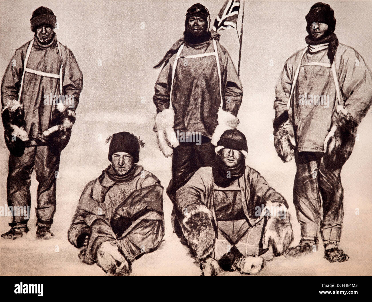 Die Ill-Fated Mitglieder der Scott Expedition am Südpol am 18. Januar 1912. L (stehend) R: Wilson, Scott, Oates; (sitzend) Bowers, Edgar Evans;  Bowers nahm das Foto mit einem Stück Schnur zu den Kamera-Auslöser bedienen, Stockfoto