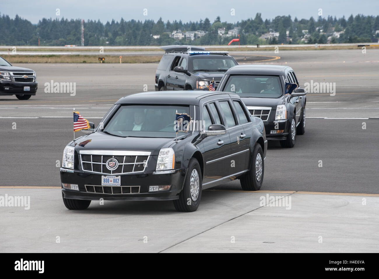 US-Präsident Barack Obama Motorcade kommt am SeaTac Flughafen nach einem kurzen Abstecher zu helfen, für demokratische Gouverneur Jay Inslee in Seattle am 25. Juni 2016 Fundraising. Stockfoto