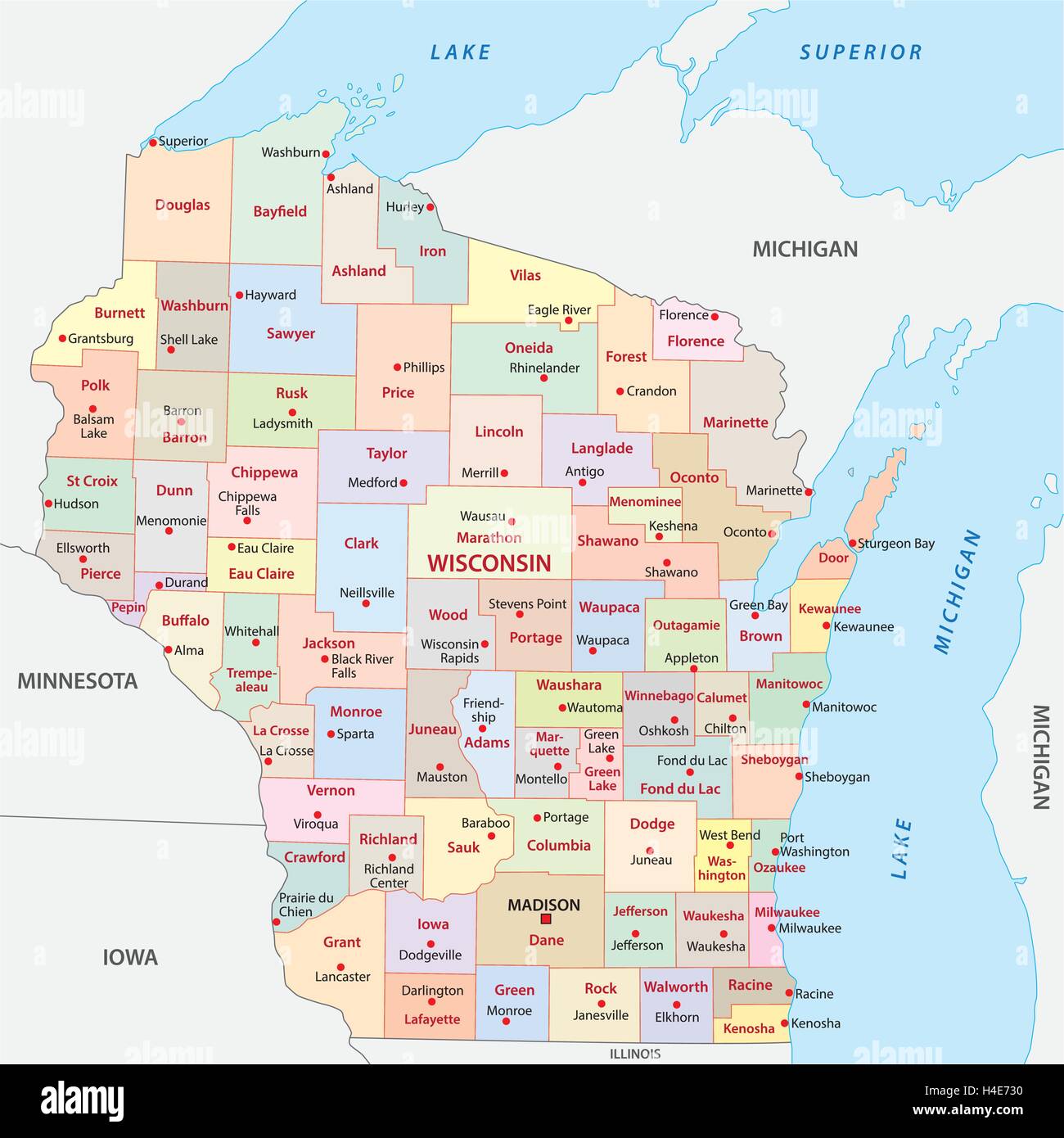 Wisconsin Verwaltungskarte Stock Vektor