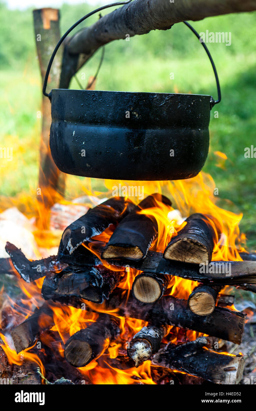 Topf auf dem Feuer mit Pilzen im Wald am Ufer des Flusses in der Natur Stockfoto
