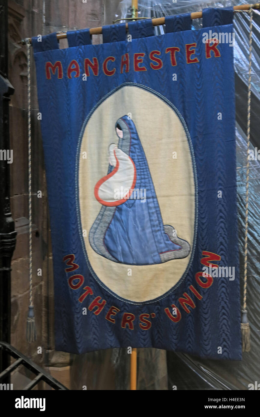 Manchester-Mütter union Banner, Kathedrale, Victoria St, Manchester, England, UK Stockfoto