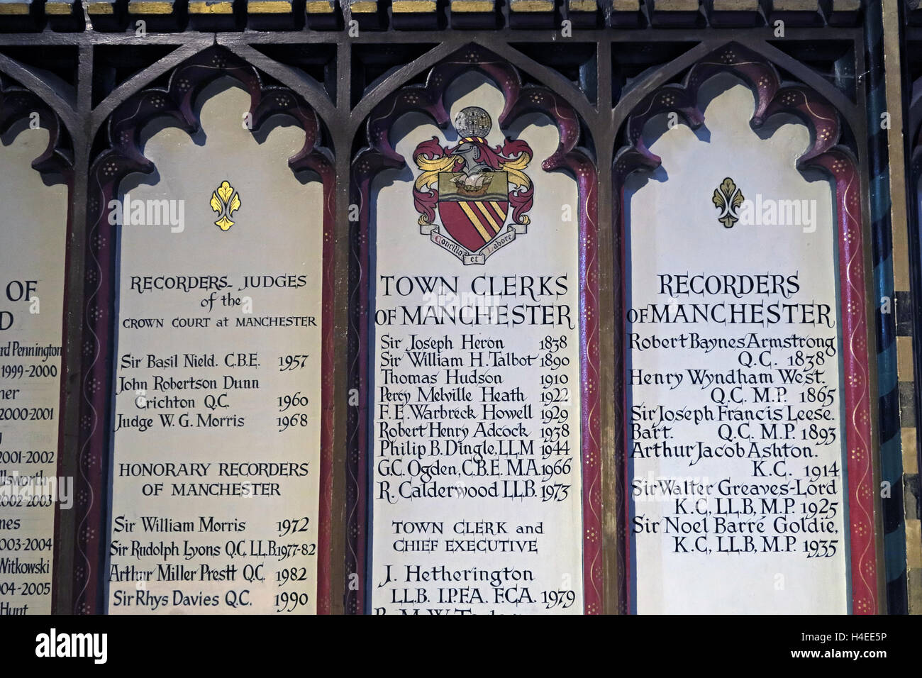 Liste der Salford Stadt Clerks, Manchester Cathedral, Victoria St, Manchester M3 1SXM Stockfoto