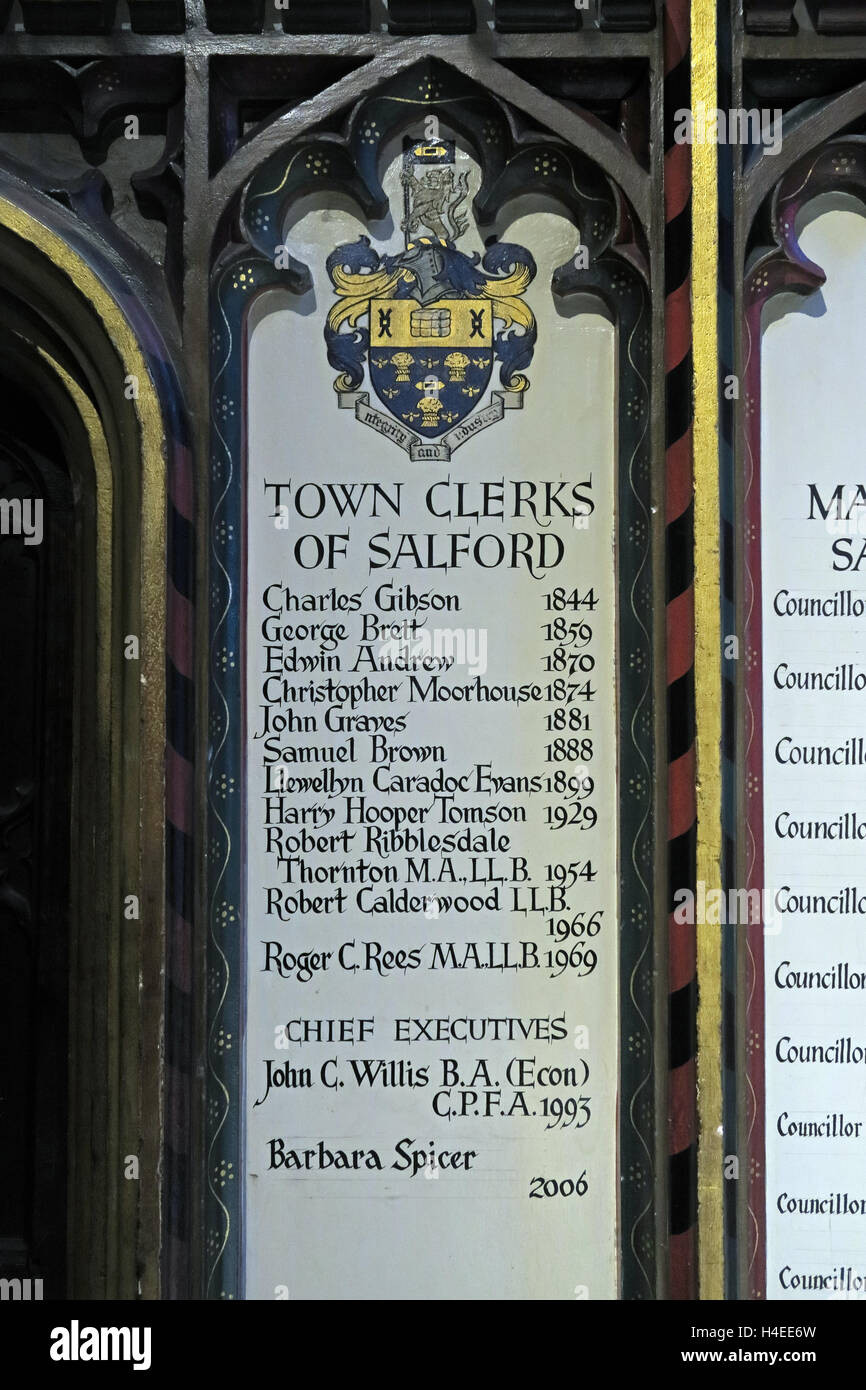 Liste der Salford Stadt Clerks, Manchester Cathedral, Victoria St, Manchester M3 1SXM Stockfoto