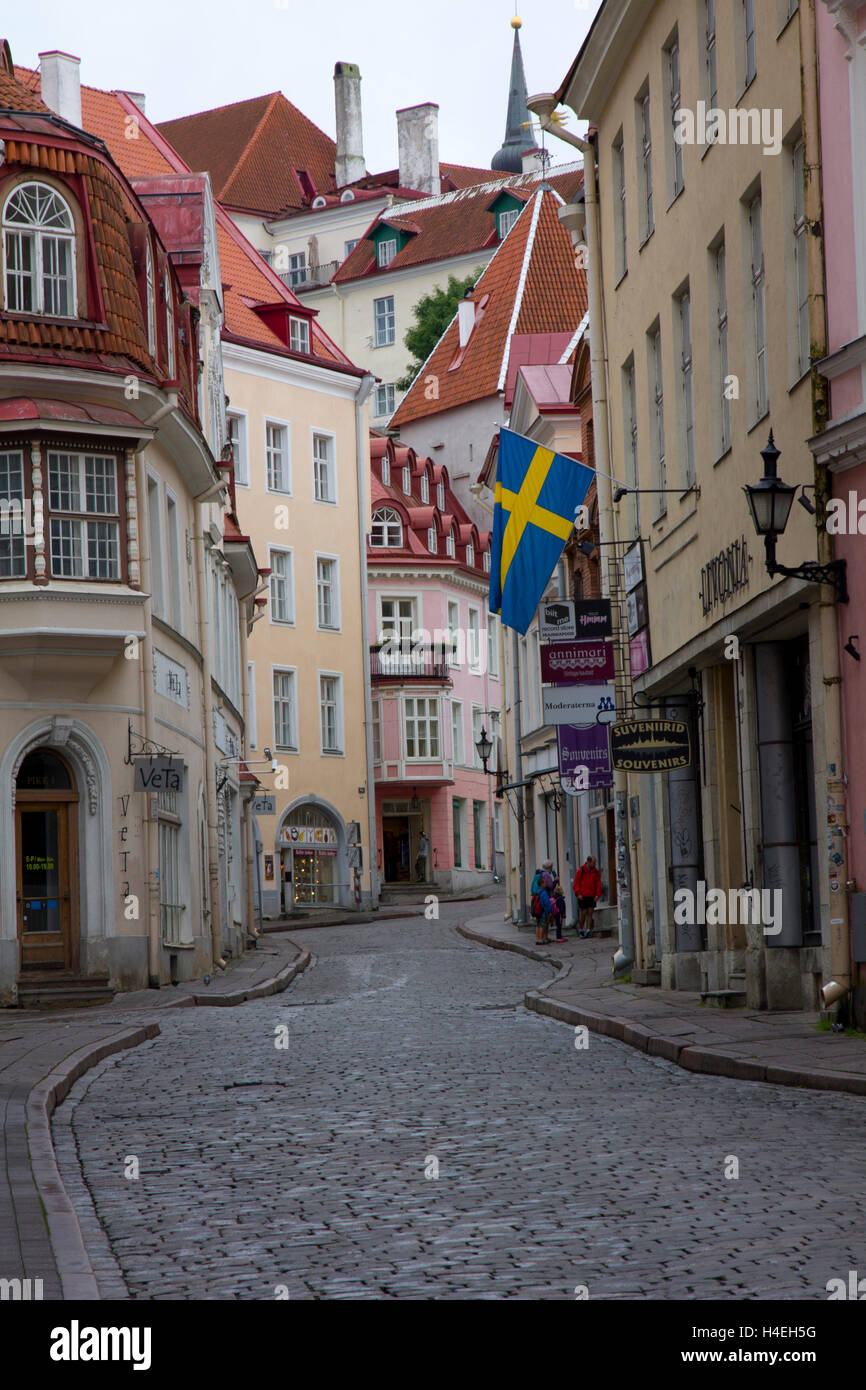 Mit seinen gepflasterten Straßen und Gassen ist Altstadt von Tallinn eine beliebte Touristenattraktion als erhaltenen mittelalterlichen Ort. Stockfoto