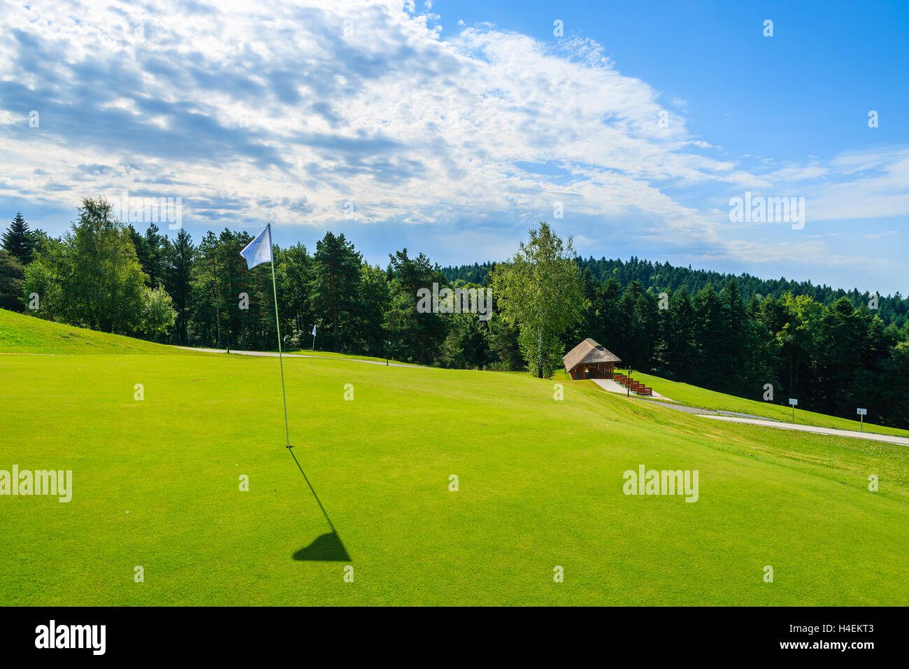 ARLAMOW GOLF COURSE, Polen - 3. August 2014: schöne Golf Spielplatz an sonnigen Sommertag in Arlamow Hotel. Das Luxushotel wurde Polens Regierung Besitz und befindet sich im Bieszczady-Gebirge. Stockfoto