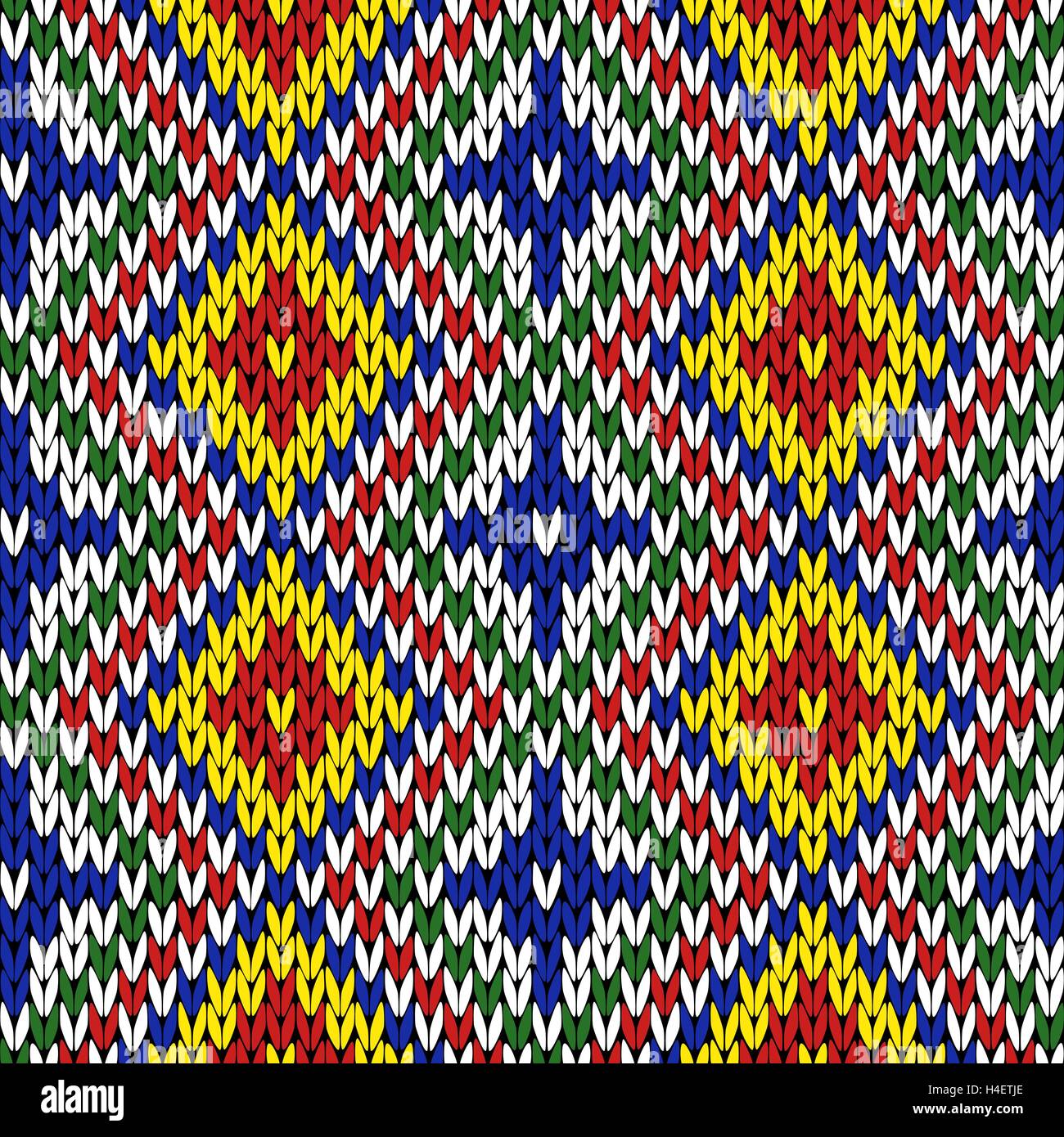 Nahtlose bunten geometrischen Vektor Strickmuster in gelb, orange, grünen, blauen, roten und weißen Farben als ein Gestrick Stock Vektor