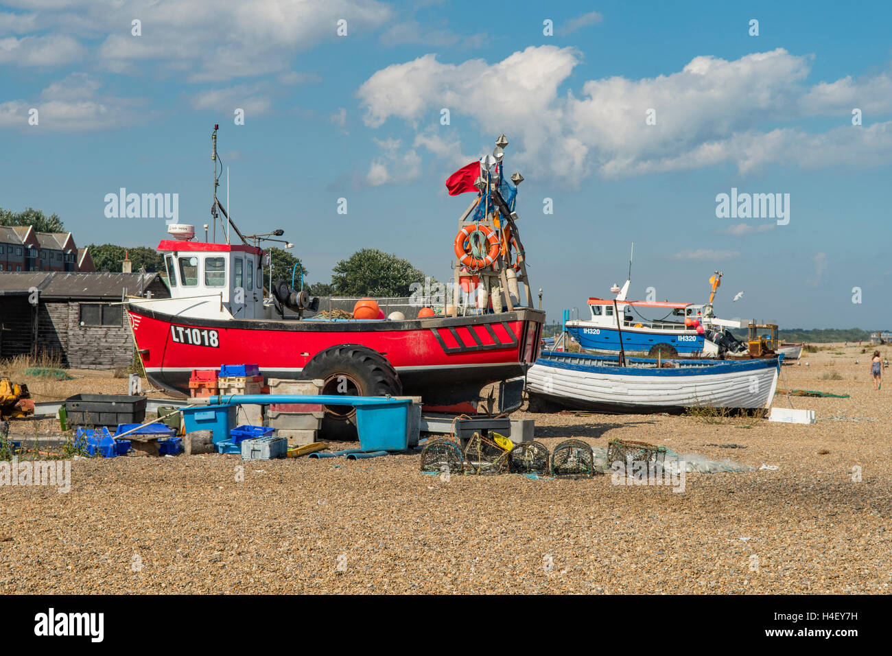 Strandeten arbeiten Boote, Aldeburgh, Suffolk, England Stockfoto