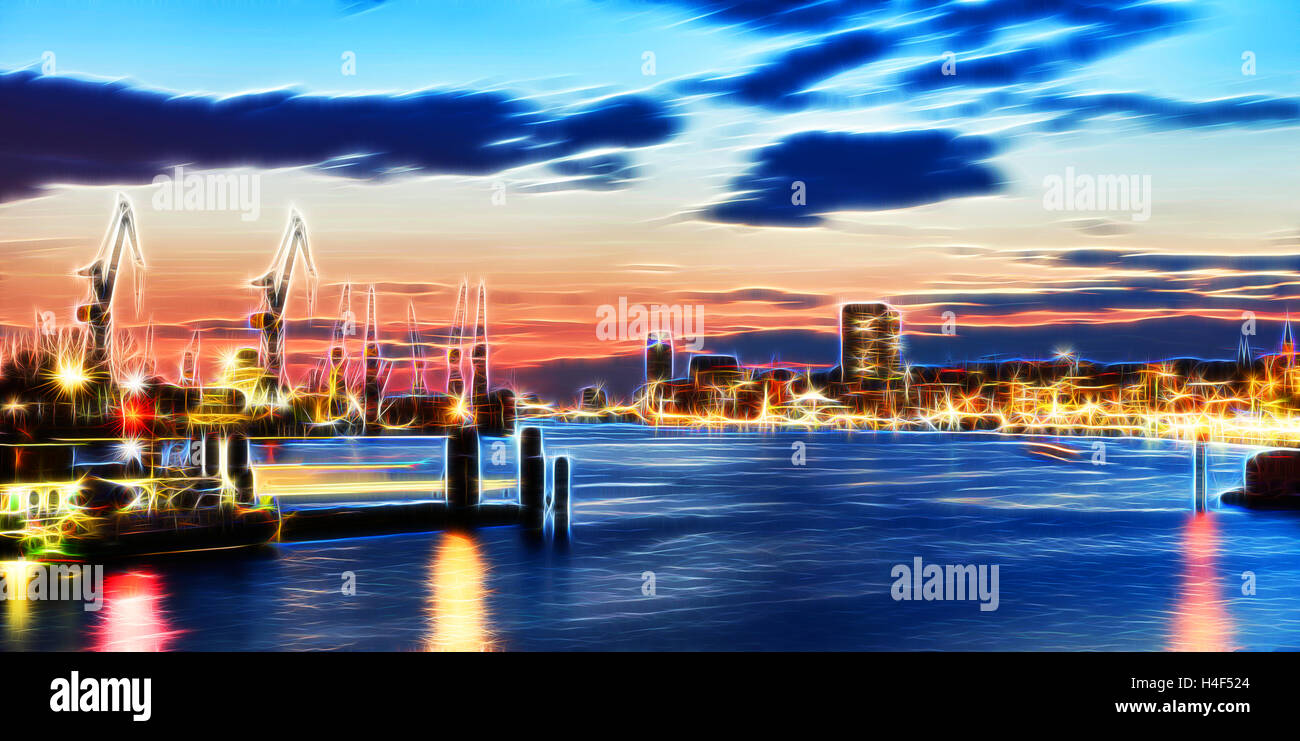 Hamburger Hafen zur blauen Stunde - Neon-Farben-Effekt - wie mit Licht gemalt Stockfoto