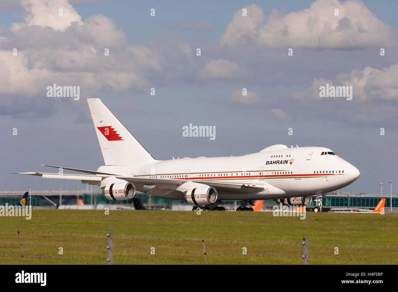 A9C-HAK Bahrain Ameri Flug Boeing 747-SPZ5 Landung in London Stansted. 8. Juli 2008. Stockfoto