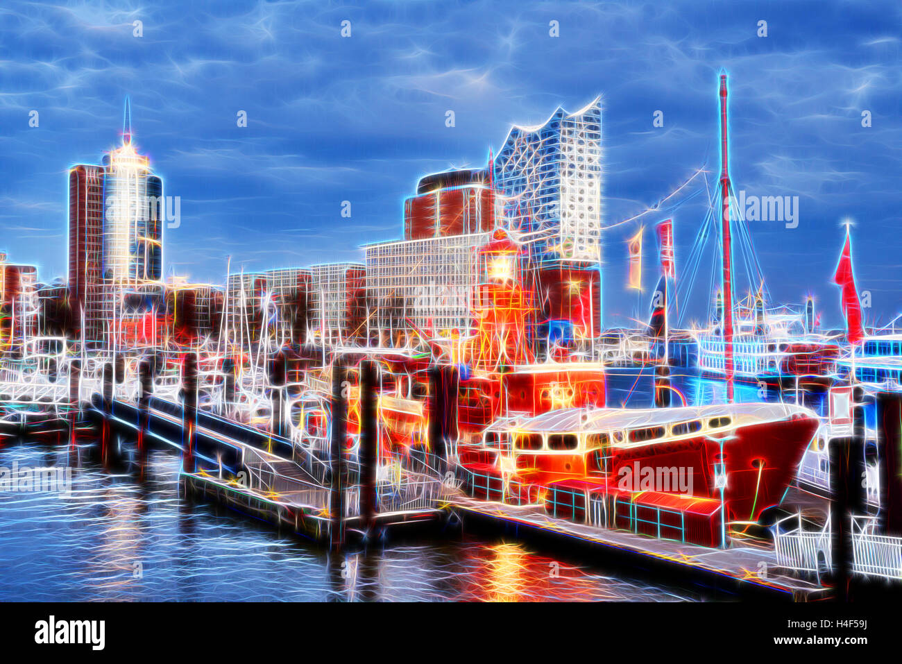 Red Fire Patrol Boat Marina Hamburg - Neon-Farben-Effekt - wie gemalt mit Licht Stockfoto