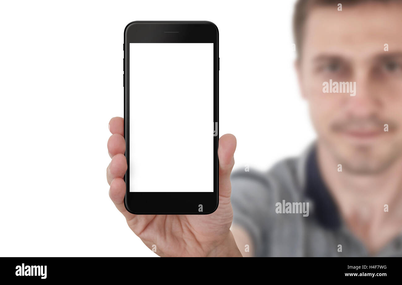 Mann zeigen schwarz Telefon mit isolierten weißen Bildschirm für Mock-up. Isolierte Hintergrund. Stockfoto