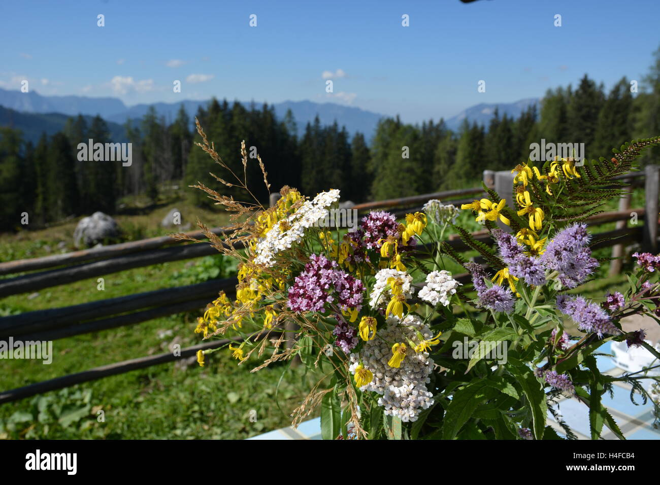 Berchtesgaden, Deutschland - 26. August 2016 - romantische Hütte mit Blumen in den deutschen Alpen Stockfoto