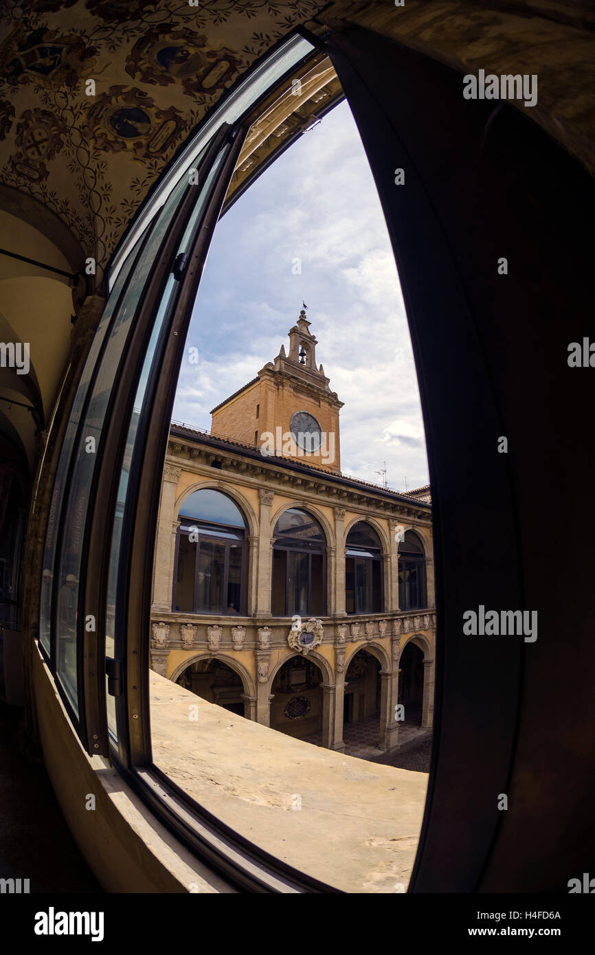 Detail der Innenhof, Atrium des Archiginnasio, The University of Bologna, Italien, Europa Stockfoto