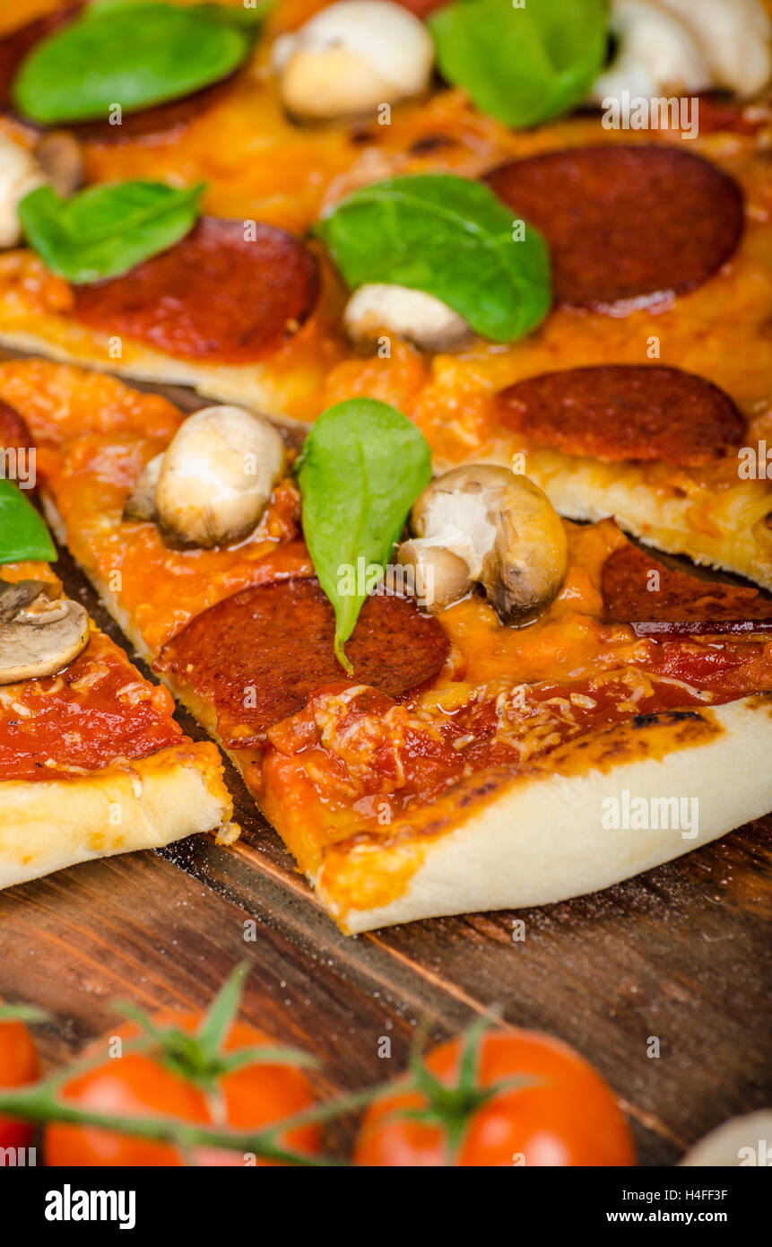 Rustikale Pizza mit Salami, Mozzarella und Spinat auf einem Ton-Platte Stockfoto