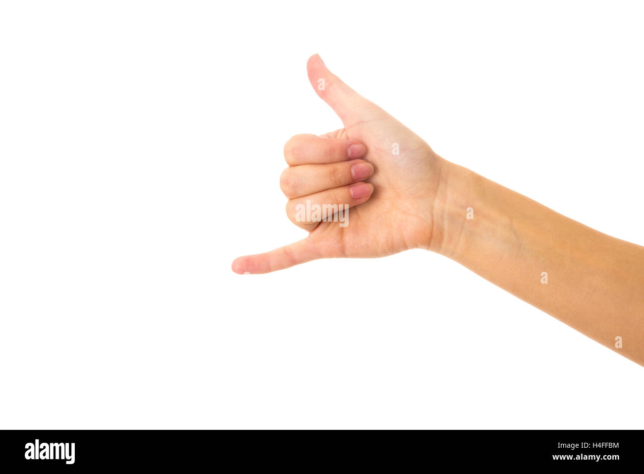 Zarte Frauenhand zeigen, Daumen und kleiner finger Stockfoto