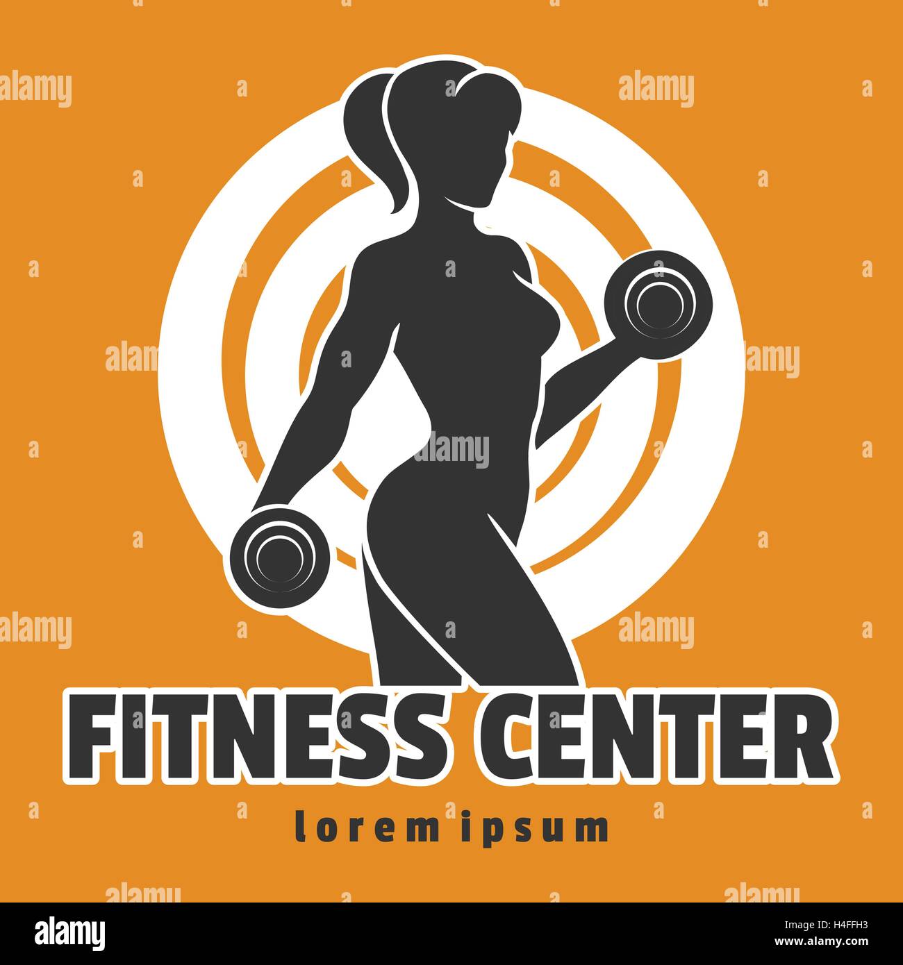 Fitness-Club oder Center Emblem mit der Ausbildung Frau hält Hanteln. Vektor-Illustration. Stock Vektor