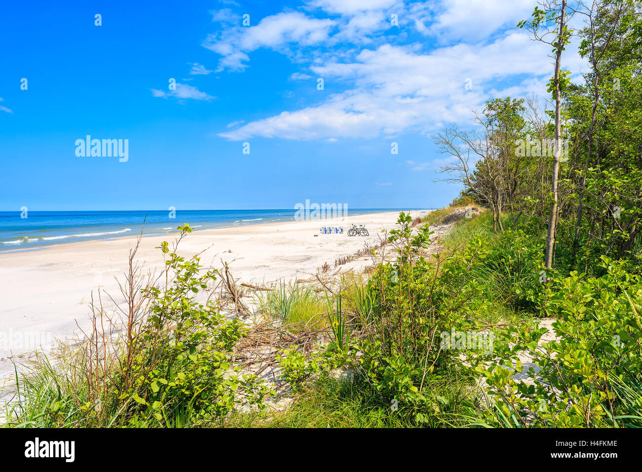 Ein Blick auf Sandstrand und grünen Bäumen auf Sanddüne an Ostsee, Bialogora Küstendorf, Polen Stockfoto