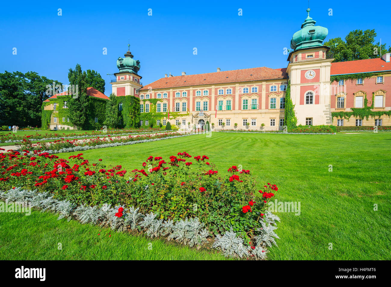 Rote Rosen im Garten von Schloss Łańcut an sonnigen Sommertag, Polen Stockfoto