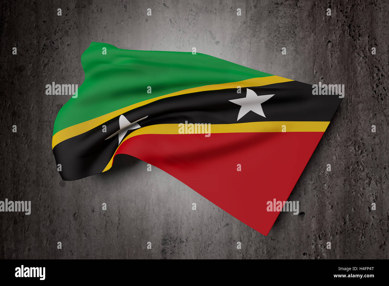 3D Rendering der Föderation von Saint Christopher und Nevis Fahnenschwingen auf schmutzigen Hintergrund Stockfoto