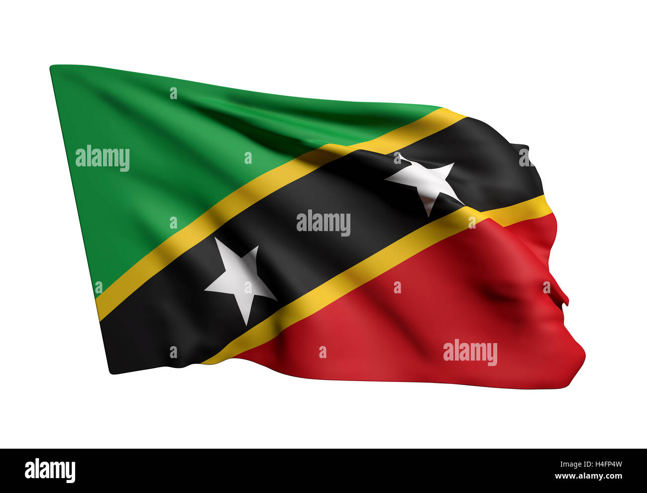 3D Rendering der Föderation von Saint Christopher und Nevis Fahnenschwingen auf weißem Hintergrund Stockfoto