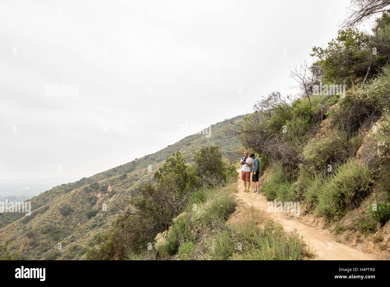 Zwei Männer zu Fuß entlang der Bailey Canyon wandern Spur anhalten, um Anweisungen auf ihrem Handy anschauen Stockfoto