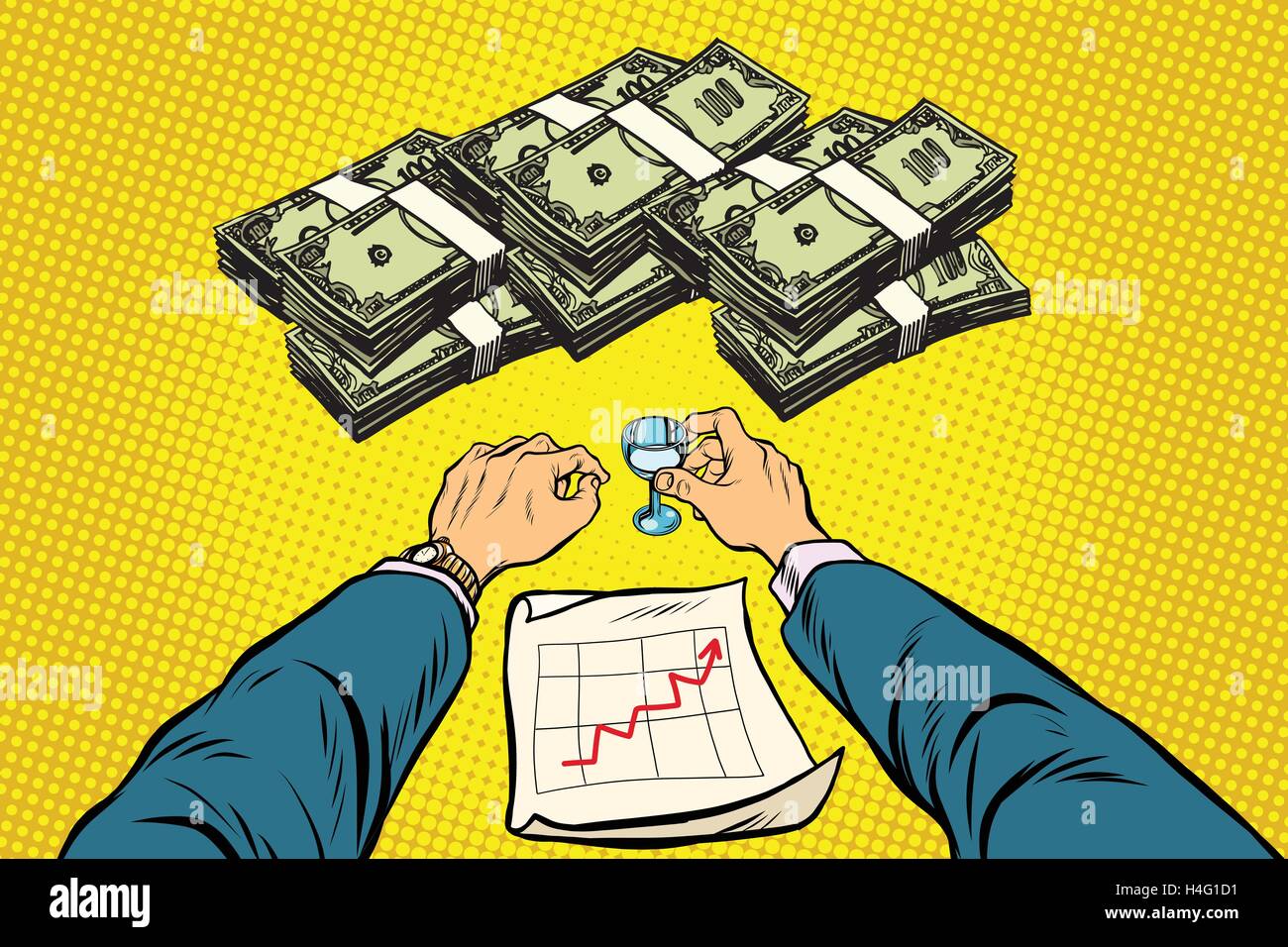 Retro-Geschäftsmann trinken über einen großen Gewinn Stock Vektor