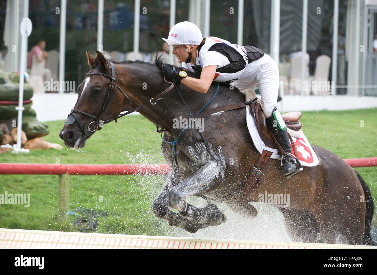 Olympische Spiele 2008, Hong Kong (Spiele in Peking) August 2008 Tiziana Realini (SUI) Reiten Gamour, Eventing cross Country Stockfoto