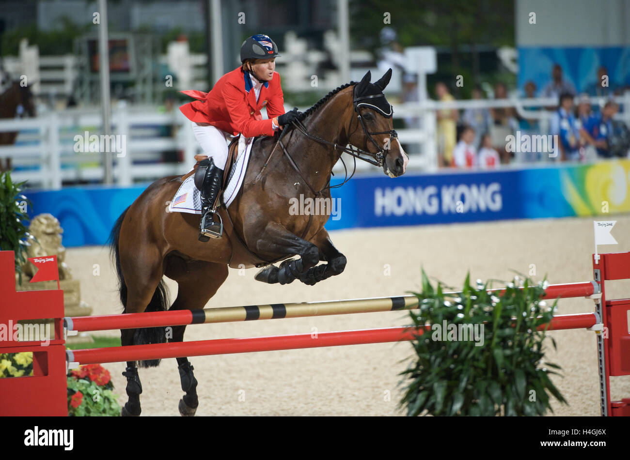 Olympische Spiele 2008, Hong Kong (Spiele in Peking) August 2008 Beezie Madden (USA) authentisch, Springreiten ersten qualifizierenden R Reiten Stockfoto