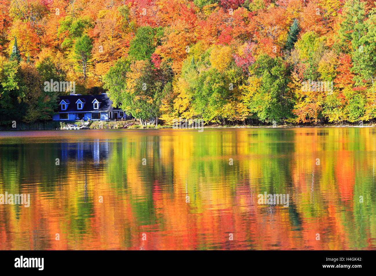 Herbstfarben und Nebel Reflektionen auf dem See, Quebec, Kanada Stockfoto