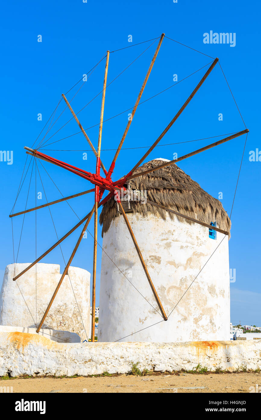 Traditionellen weißen Windmühle in Mykonos-Stadt, Insel Mykonos, Griechenland Stockfoto